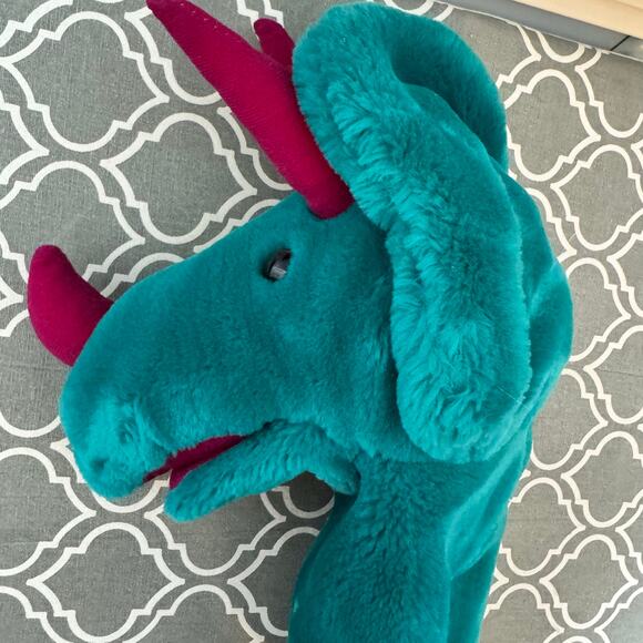 Dakin Vintage Dinosaur Puppet 1991 Plush Toy Green 12" Triceratops Hornsly - Picture 7 of 10
